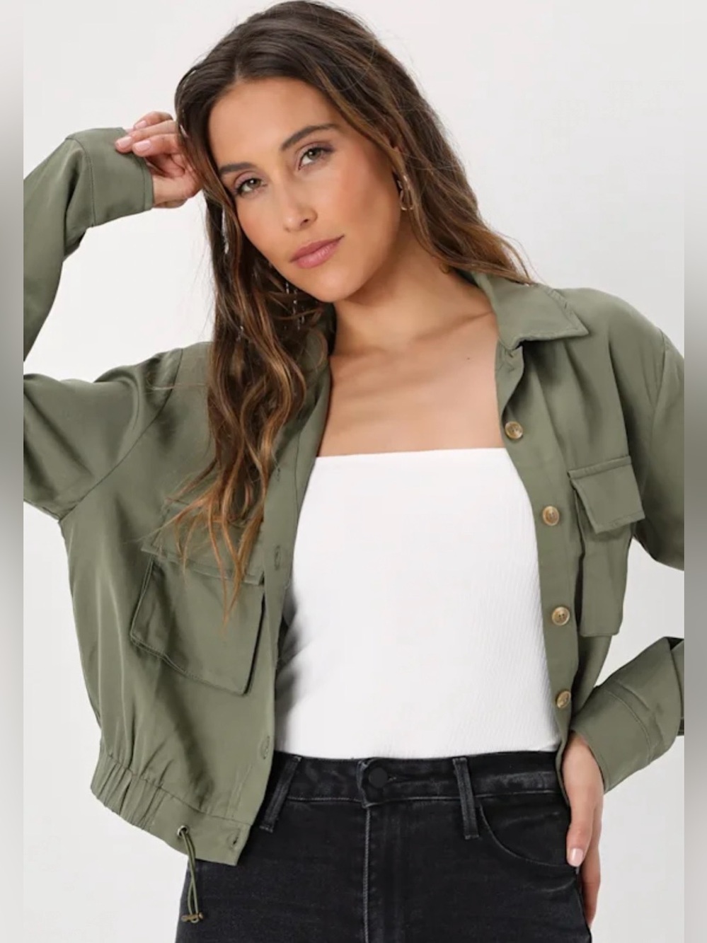 Lulus - Olive Utility Crop Jacket - Women's Lightweight Button-Front - Size Med